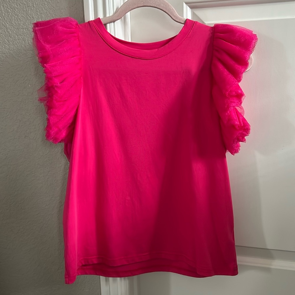 Pink Queen of Sparkles Tulle Sleeve Ruffle Top